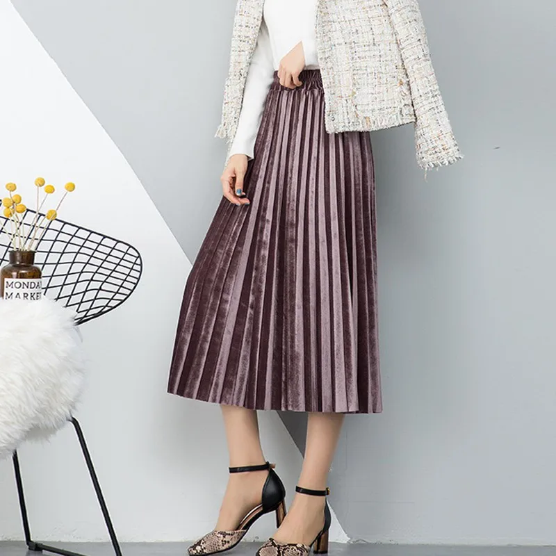 Women Skirt OL Pleated Mid-Calf Skirts Autumn Winter Gold Velvet Solid Color  Skirts female High Waist Skirt Fashion Wild NEW