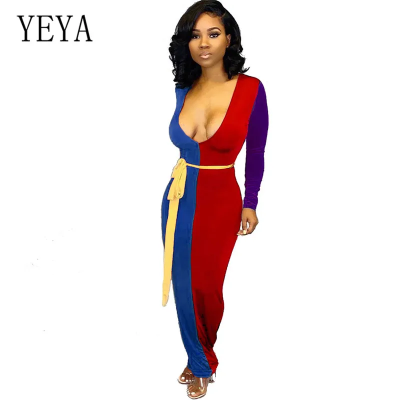 

YEYA Multi-color New Positioning Stitching Dress Sexy Deep V-neck Long Sleeve Elegant Patchwork Maxi Dress Women Retro Vestidos