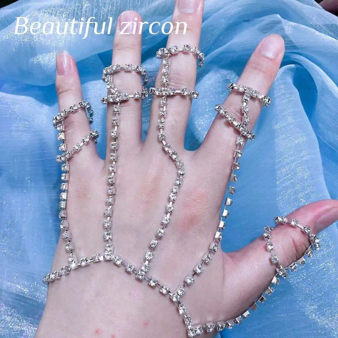 

Fashion women Rhinestone tassel bracelet ring shining crystal full finger chain Bridal Jewelry Bracelet stage performance access