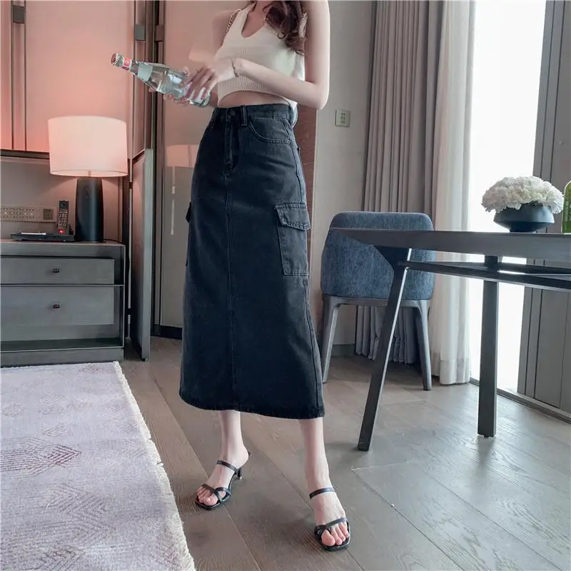 

New Arrival Summer Korean Style Women Casual A-line Asymmetrical Mid-calf Skirt High Waist Big Pocket Cotton Denim Skirts P172