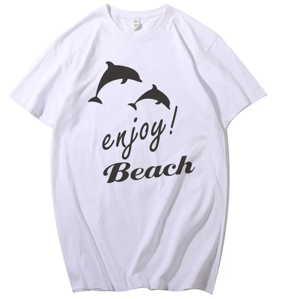 

Dolphin and letter pattern T-shirt loose casual O-neck men and women short-sleeved 100% cotton beach summer T-shirt