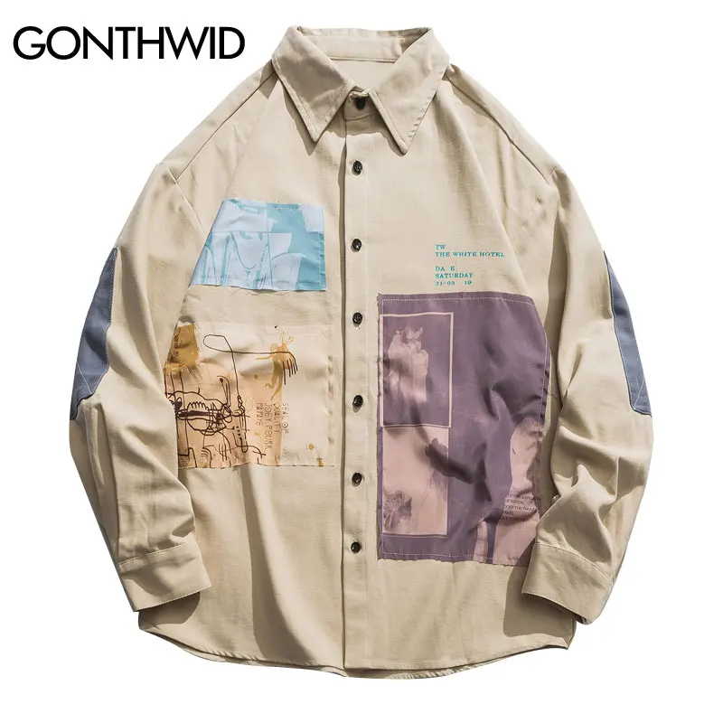 

GONTHWID Harajuku Graffiti Patch Color Block Patchwork Long Sleeve Dress Shirts Streetwear Hip Hop Hipster Button Up Shirt Tops