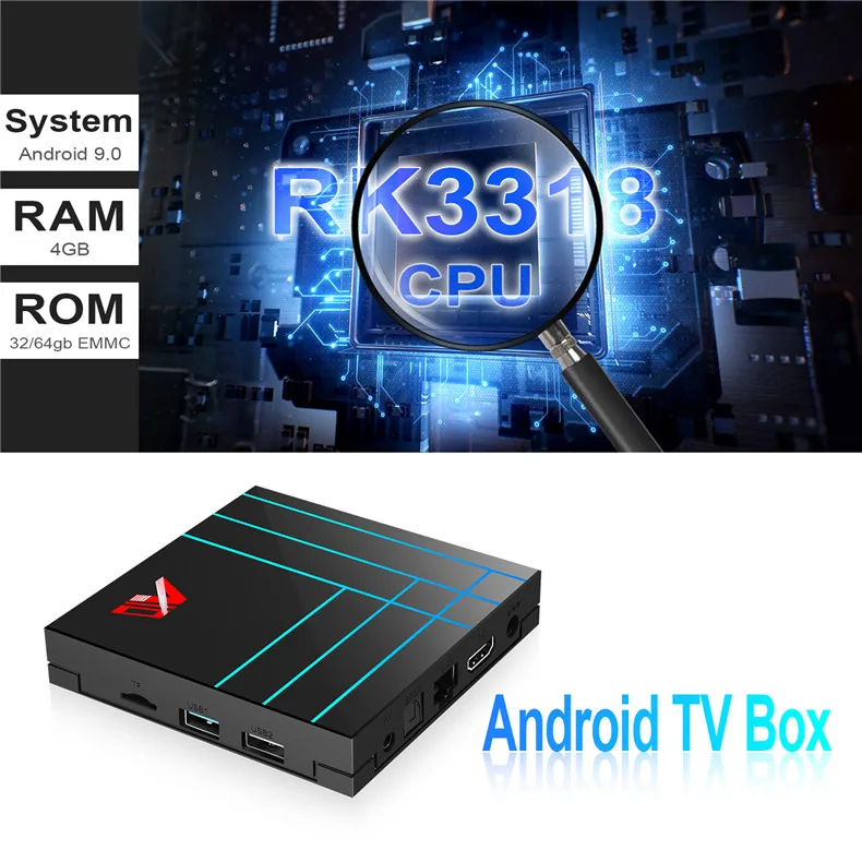 Smart tv Box Android 9 9,0 телеприставка 4K RK3318 четырехъядерный Penta-Core Mali-450 RKMC медиаплеер 4G 64G