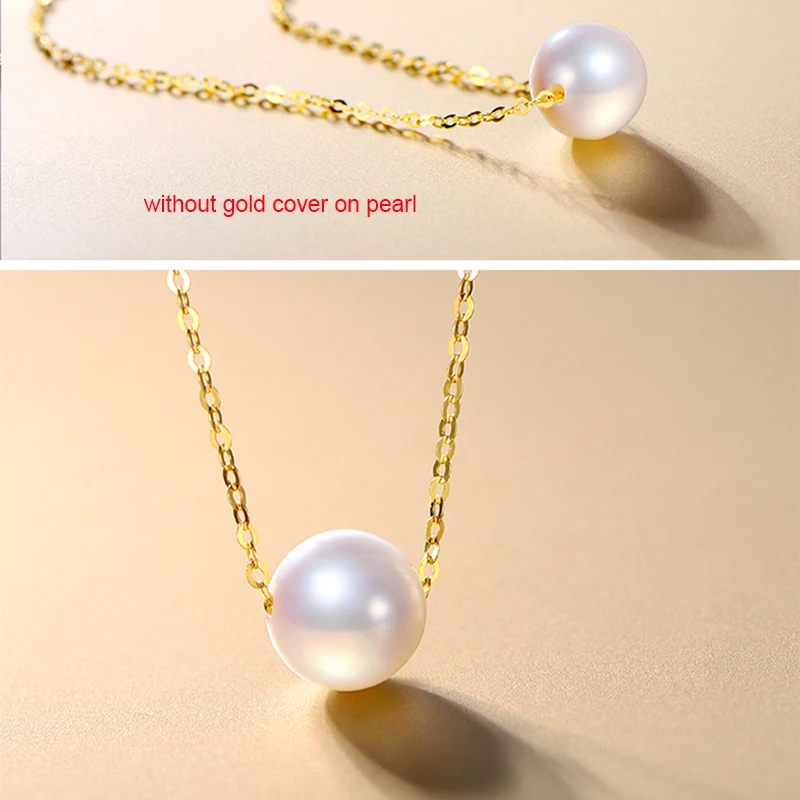 Wedding Real 18k Gold Single Pearl Necklace,Round Natural Freshwater Pearl Pendant Necklace Anniversary Gift