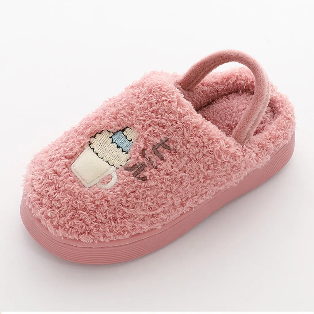 Домашние тапочки для новорожденных и детей ясельного возраста; милые теплые плюшевые домашние тапочки унисекс с рисунком для маленьких мальчиков и девочек; зимняя нескользящая обувь с ремешком на пятке - Цвет: Pink