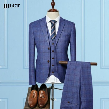 

British plaid slim groom dress suit men's suit jacket new three-piece suit (suit + pants + vest)