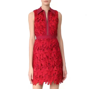 

Heavy Flower Appliques Women Lace Dress Fashion Turn-Down Collar Sleeveless Dresses