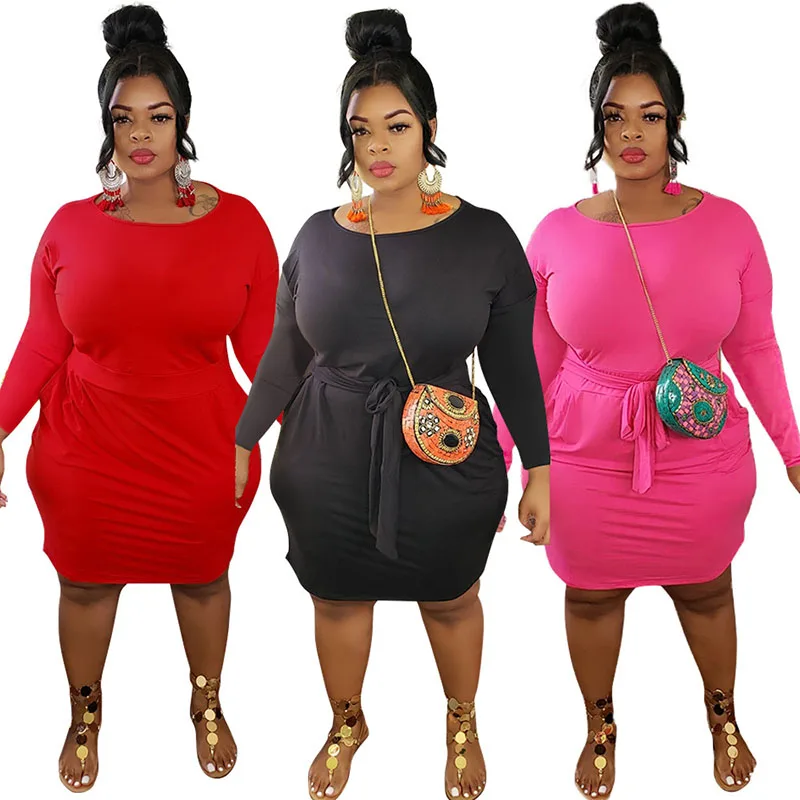 

2020 Autumn New Dress European and American Large Size Dress Solid Color Lace-up Long-Sleeve Dress For Women