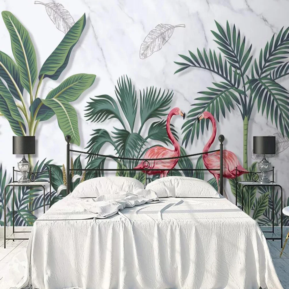 

Drop Shipping Custom Mural Wallpaper 3D Hand Drawn Tropical Plants Leaves Flamingo Background Wall Decoration Mural Wallpaper