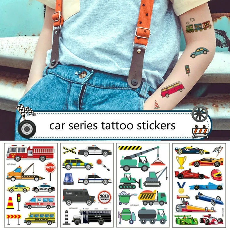 

10pcs/pack Car Series Tattoo Stickers Waterproof Disposable Stickers Children's Cartoon Cognitive Toys