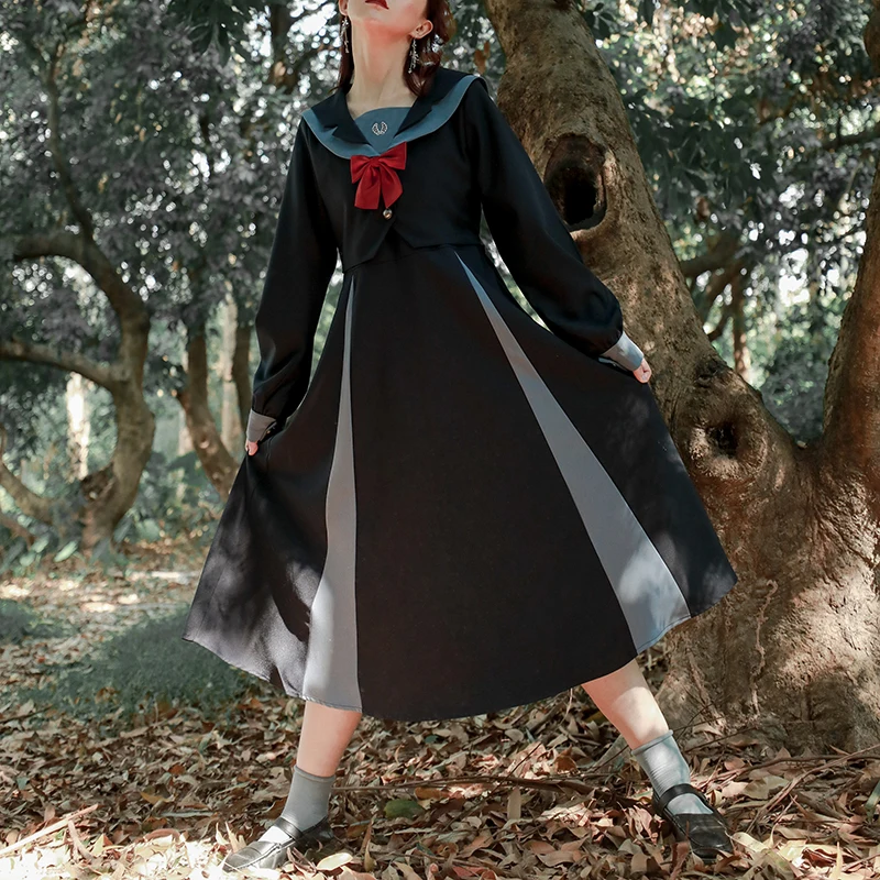 Blauw Jk Stiksels Navy Kraag Jurk Lange College Stijl Retro Sailor Kraag Falbala Hoge Taille Victoriaanse Jurk Kawaii Meisje Blauw Jk Stiksels Navy Kraag Jurk Lange College Stijl Retro Sailor Kraag Falbala Hoge Taille Victoriaanse Jurk Kawaii Meisje