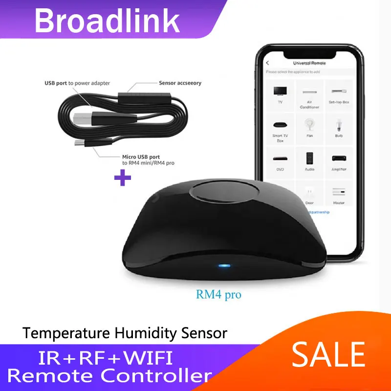 BroadLink RM4 Pro Version Wireless Universal Remote Hub with HTS2 Temp and  Humidity Sensor Smart Home Solution