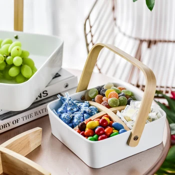 

Ceramic Multi-grid Round/Square Storage Tray Portable Bamboo Handle Fruit Snacks Tray Kitchen Detachable Partition Storage Tools