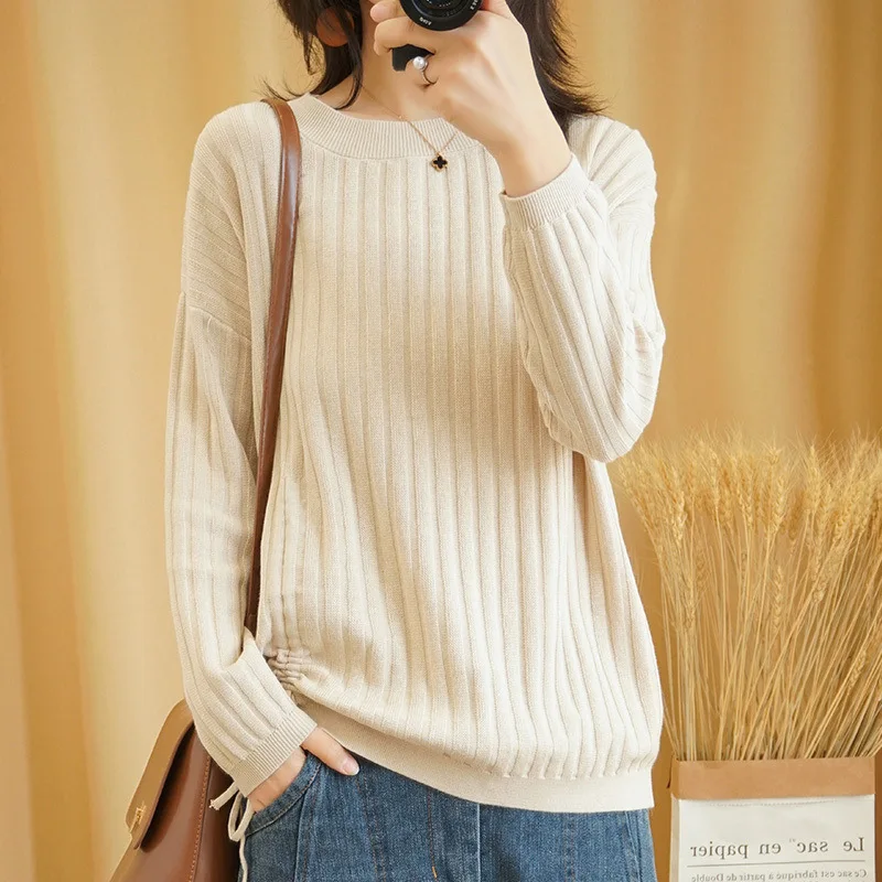 

Sparsil Women O-Neck Wool Blend Sweater Lace Up Design Knitted Pullovers Female Soft Knitwear Warm Fashion Girl Base Shirt Girl