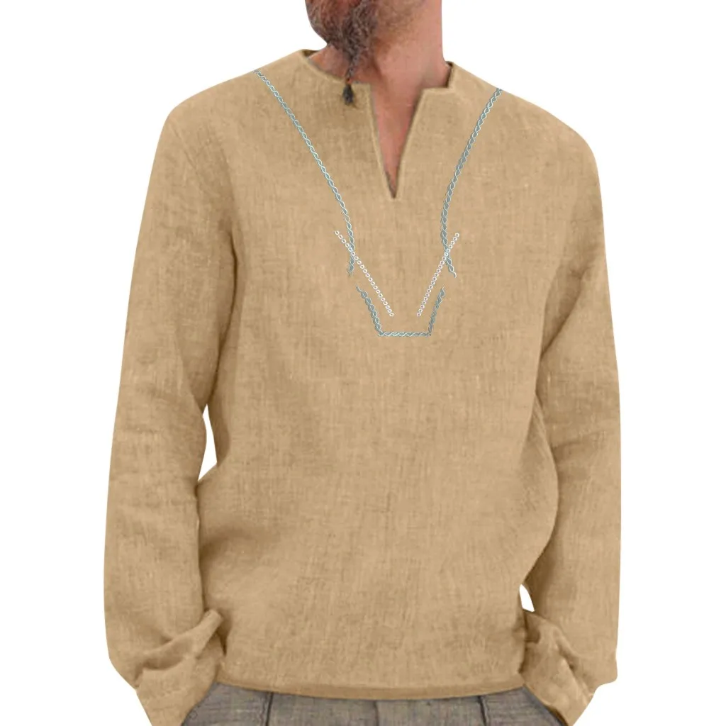 Мужская Повседневная Блузка хлопковая льняная рубашка свободные топы с длинными рукавами футболка Shirts-2XL Осень Зима Повседневная Красивая Мужская рубашка# G8 - Цвет: Хаки