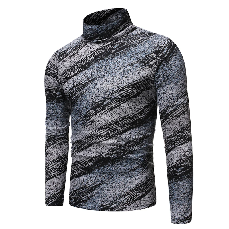 Grey Feather Print Sweater Men Casual Warm Slim Turtleneck Long Sleeves Mens Sweaters Shirt Winter Pullover Pull Tops Clothes