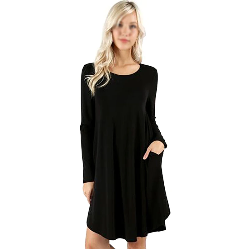 Women Dress O-neck Solid Color Long-sleeved A-line Dress Loose Fashion Elegant Lady Dress Simple Casual Bottom Dress vestidos