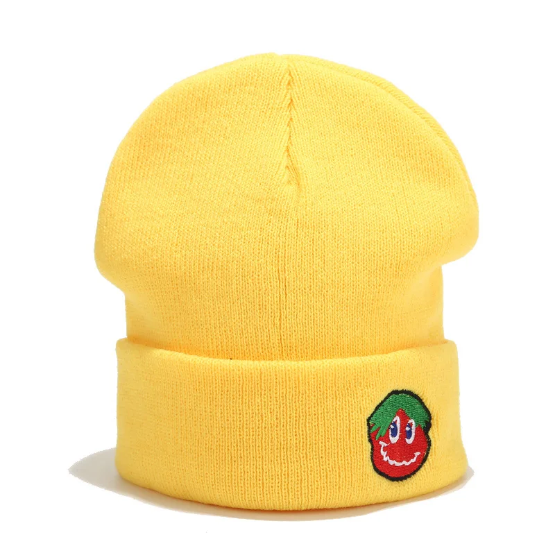 Женская шапка, новая вязаная шапка с вышивкой томатов, женская осенняя и зимняя уличная теплая шерстяная шапка, Студенческая Кепка Skullies& Beanies - Цвет: Цвет: желтый