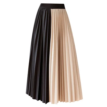 

2020 Spring Summer Solid Patchwork Skirt Women's New High Waist Contrast Color Stitching Mid-Length A-Line Skirt Pleated Skirt
