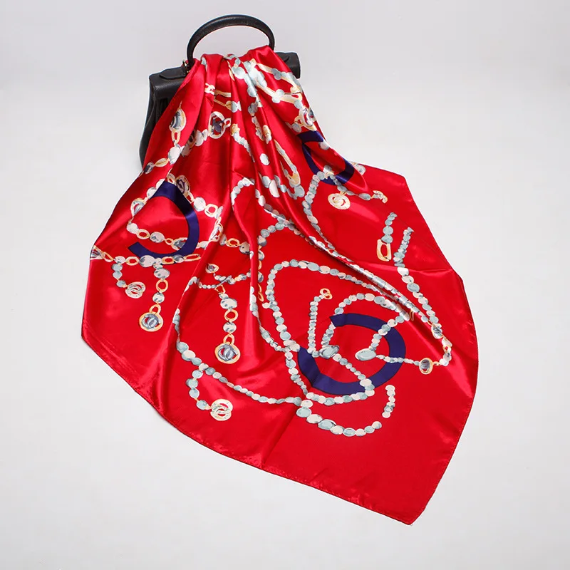 Дизайнерский роскошный женский шарф искусственный шелк печать квадратный шарф Женский 90 см сатин большие квадратные шарфы Дамская шаль - Цвет: 35