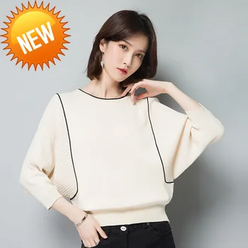 

Round Spring neck Striped Knit Sweater Fashion and elegant White Sweater 2020 Design black Spring Knitting Sweater woman