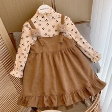 

Spring Autumn New Corduroy Casual Dress Girls Princess Dress For Kids Long-Sleeve Bottoming Shirt Strap Dress 2pce Set 3-8 Years