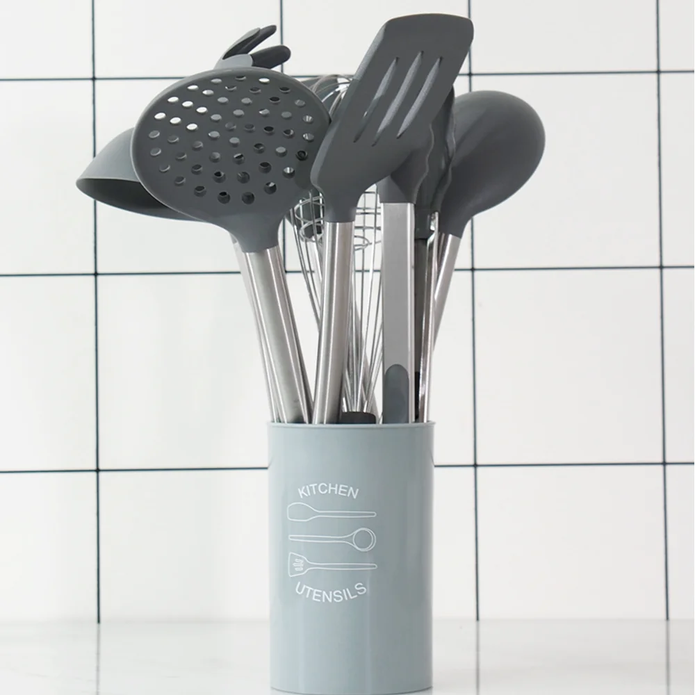 

Cooking Gadgets Kitchen Utensils Sets Stainless Steel 9-Pcs Spatula Set with Holder Nonstick Silicone Turner Tongs 2019