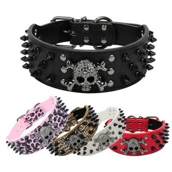 

2020 Spiked Skull Stud Dog Collar Adjustable PU Leather Puppy Collar Pet Dog Neck Strap