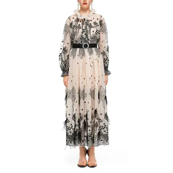 

New Autumn Vintage Mesh Feather Embroidery Long Party Dress Women Runway Designer High Quality Long Sleeve Pleated Maxi Dress