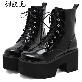 melhor Mulher Rendas Botas De Outono Das Mulheres Senhoras Chunky Cunha Plataforma Preto Patente Couro Tornozelo Botas Punk Goth Nova Chegada 2020