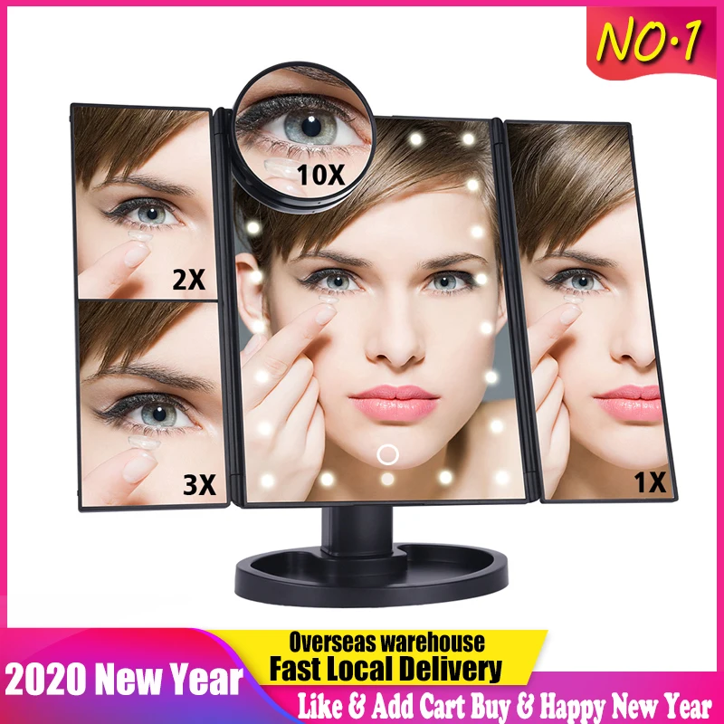

LED Touch Screen 22 Light Makeup Mirror Table Desktop Makeup 1X/2X/3X/10X Magnifying Mirrors Vanity 3 Folding Adjustable Mirror