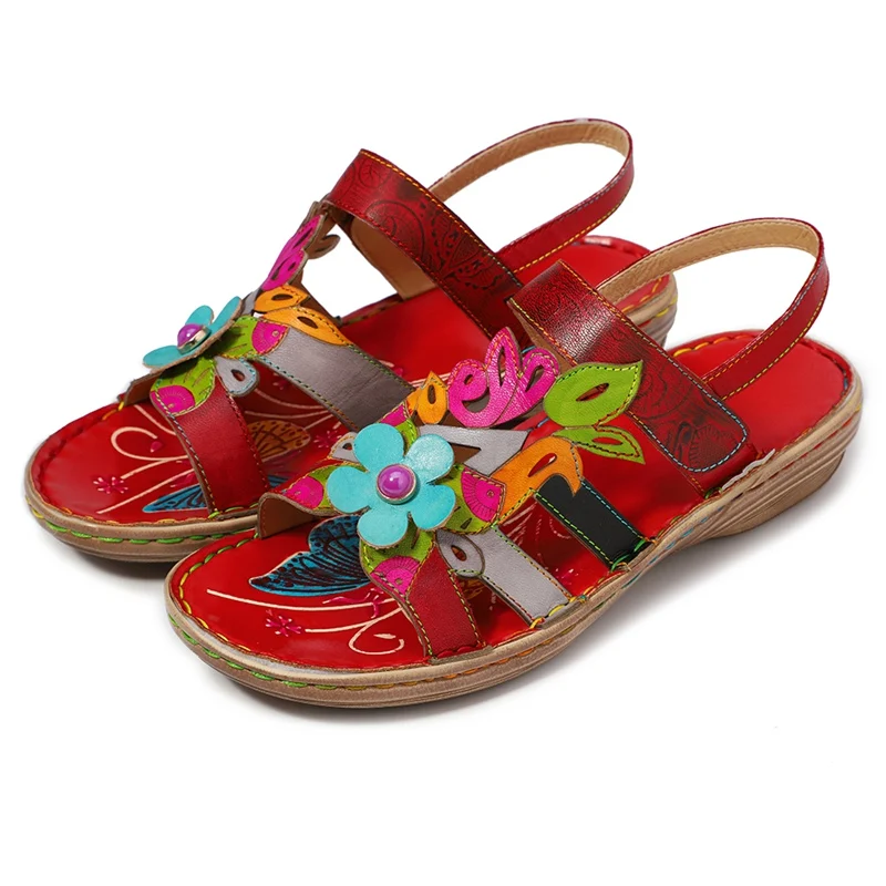 

Soft Splicing Colorful Genuine Leather Stitching Comfortable Lace Up Buckle Strap Sandals Retro Summer Shoes New 2020