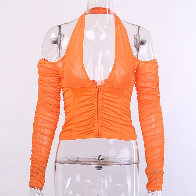 LVINMW сексуальный топ с глубоким v-образным вырезом и сеткой, Модный укороченный топ, Осень-зима, женские футболки с длинным рукавом и застежкой-молнией - Цвет: Оранжевый