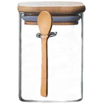 

1Pc 800ML Square Glass Seal Pot Household Storage Jar With Spoon Kitchen Storage Organization Coffee Bean Can Storage Jar