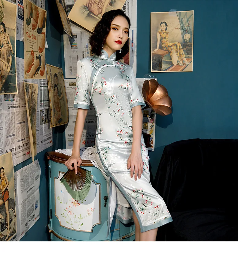 SHENG COCO Retro Style Chinese Dress Silk Knee Length Qipao Long Sleeve Cheongsam Lady Flower Print Cheongsam Dress Vestido