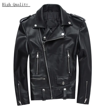 

2020 Sheepskin Motorcycle Genuine Leather Jacket Mens Plus Size S-4XL Lapel Moto Biker Jacket Zipper Black Short Leather Coats
