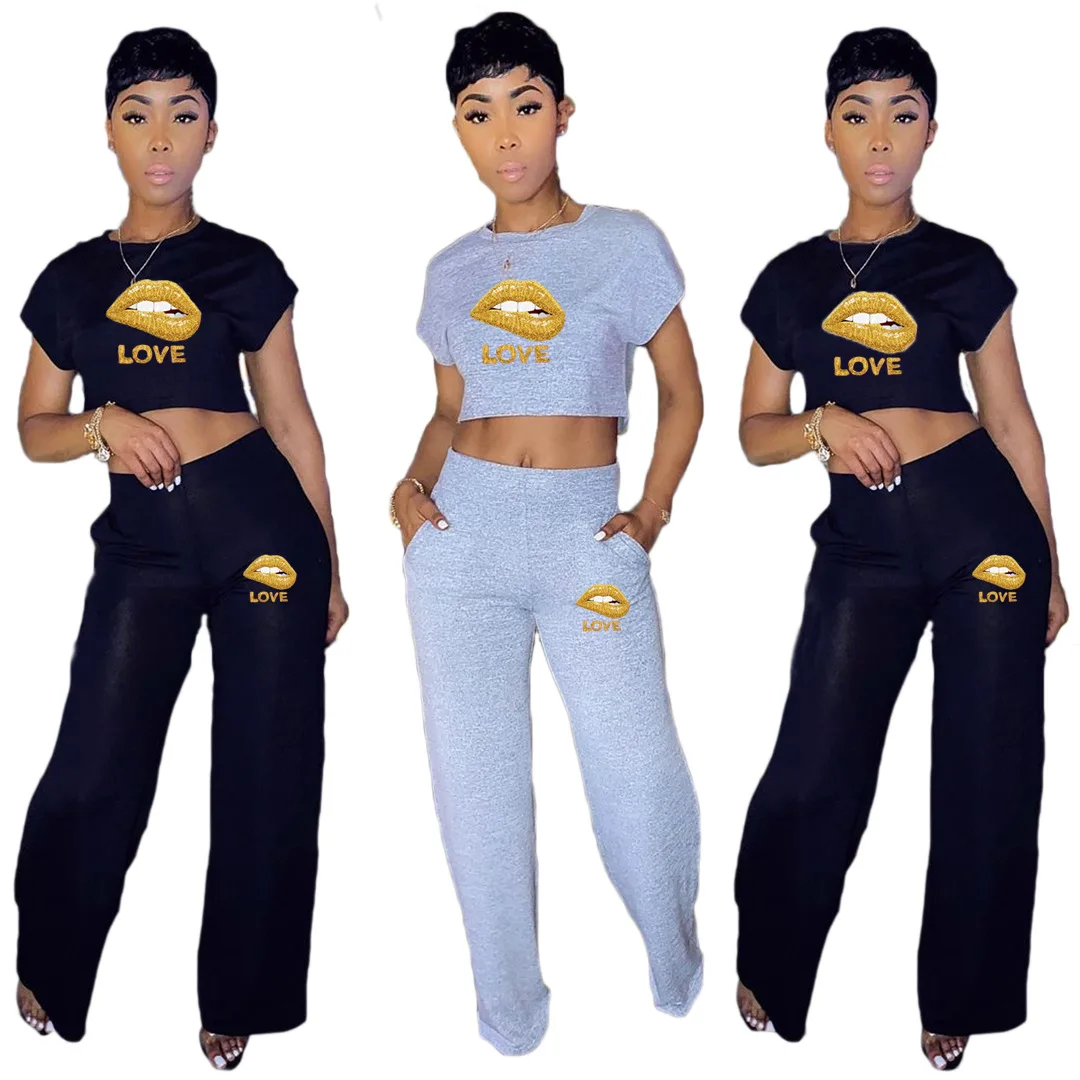 

2020 New Autumn Women Suit Hot Style Model Solid-color Letter Lip Print Crop Tops & Trousers European and American 2 Piece Set