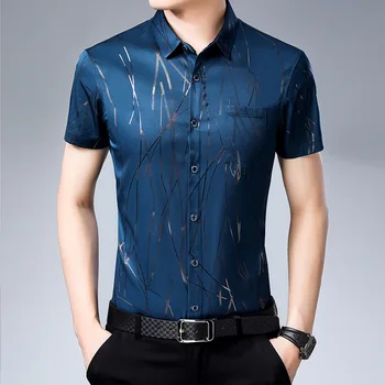 

Helisopus Summer Mens Dress Shirts Polyester Smart Casual Business Shirts Short Sleeve Print Hot Fashion Turn-down Collar Tops