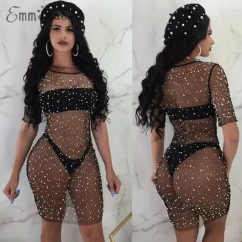 

2020 New Women Sequins Crystal Mesh Sheer Dress Bikini Cover Up Swimwear Swimsuit Bathing Suit Sexy Womens Summer Beachwear