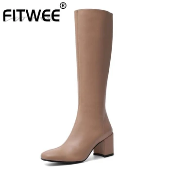 

FITWEE Women High Heel Boots Real Leather Square Heel Woman Knee High Boots Fashion Winter Shoes Woman Footwear Size 34-40
