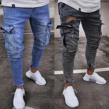 

3 Style New Design Denim Jeans Men Fashion Hip Hop Skinny Pencil Jeans for Men Stretch Patchwork Pocket Cargo Pants Streetwear