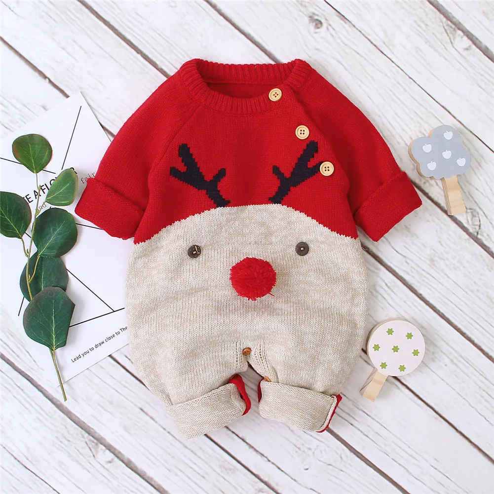 Рождественские боди с оленем для маленьких мальчиков; вязаные комбинезоны для малышей; новогодний костюм для маленьких девочек; детская теплая шерстяная одежда; От 0 до 2 лет