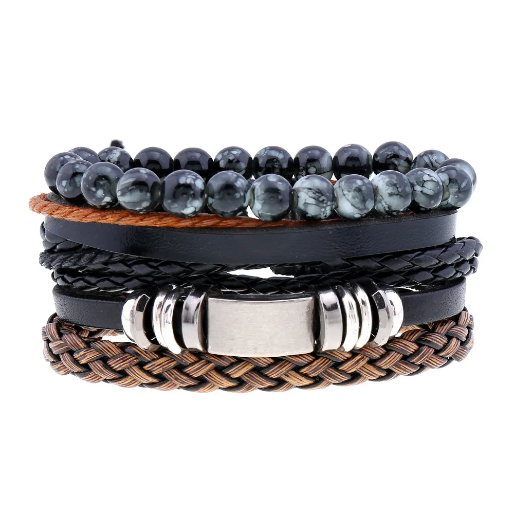 

2020 black beaded multilayer leather bracelet set men's and women's bracelet fashion jewelry accessories