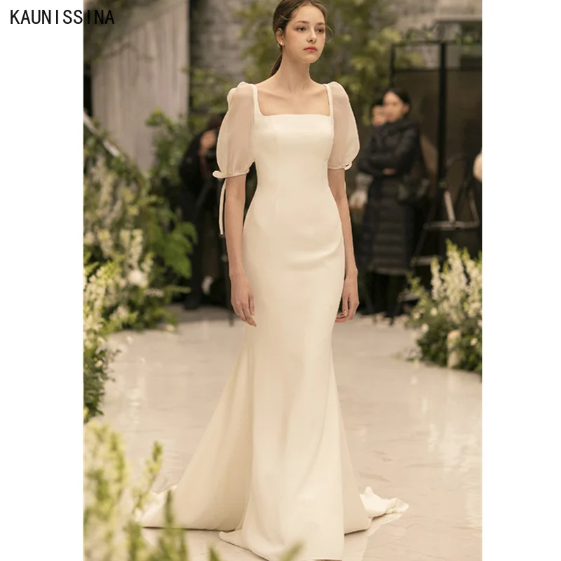 

KAUNISSINA Wedding Dresses Short Sleeve Bride Gown Court Train Mermaid Beach Boho Bridal Dress Vestidos De Noiva Robe De Mariage