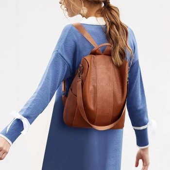 

Women’s Leather Backpack Anti-Theft Rucksack Zipper Black Brown School Shoulder Bag Large Capacity Travel Bag