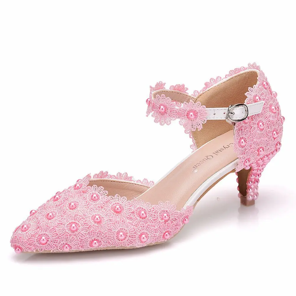 

Women Shoes White Lace Wedding Shoes Sexy High Heels Shoes Pumps White Lace Sweet Princess Party Pearl flowers Pink Heels