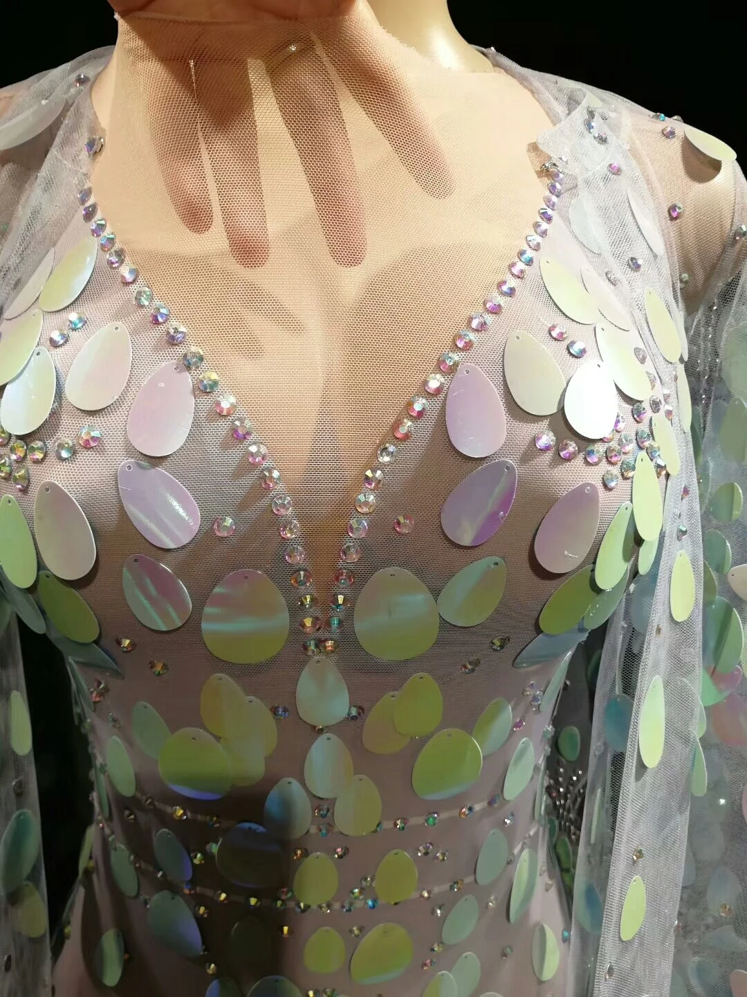 AB Rhinestone Sequin Sexy высокоэластичный боди с длинными рукавами женщины певица танцовщица яркий боди цельный плащ