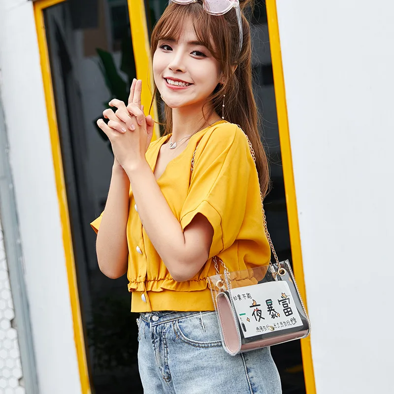 

Transparent Different Size Bags WOMEN'S Bag 2019 New Style Korean-style Bag with Chain Crossbody Bag Mobile Phone Bag Contrast C
