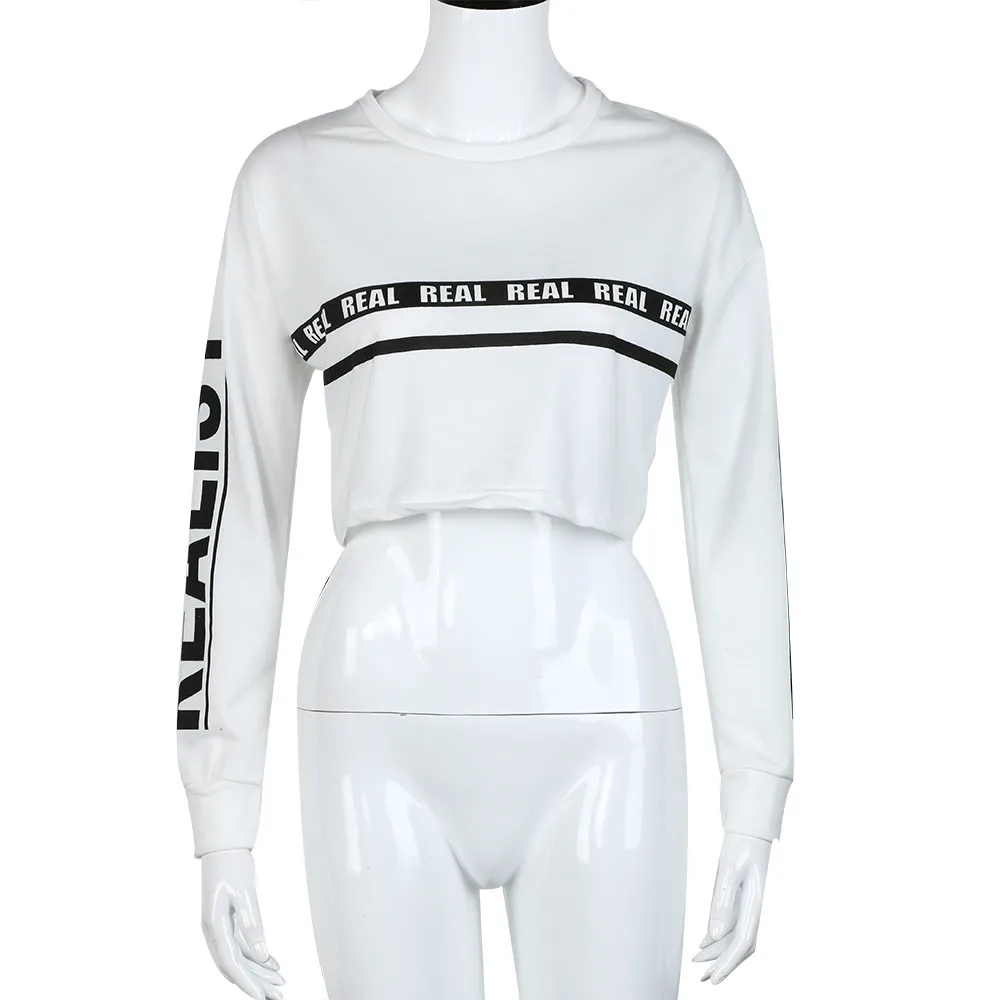 JAYCOSIN Fashion Ladies White Letter Print Crop Long Sleeve Sweatshirt Chic Casual Elegant Comfortable Soft Hooded Pullover Tops