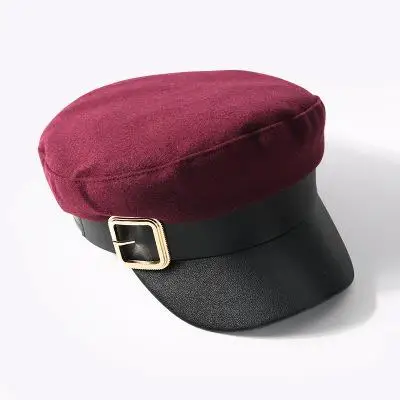 Military Hat Fashion PU Leather Spring Cotton Sailor Hat For Women Belt Buckle Black Grey Flat Top Beret Newsboy Cap Captain Cap - Цвет: Wine Red